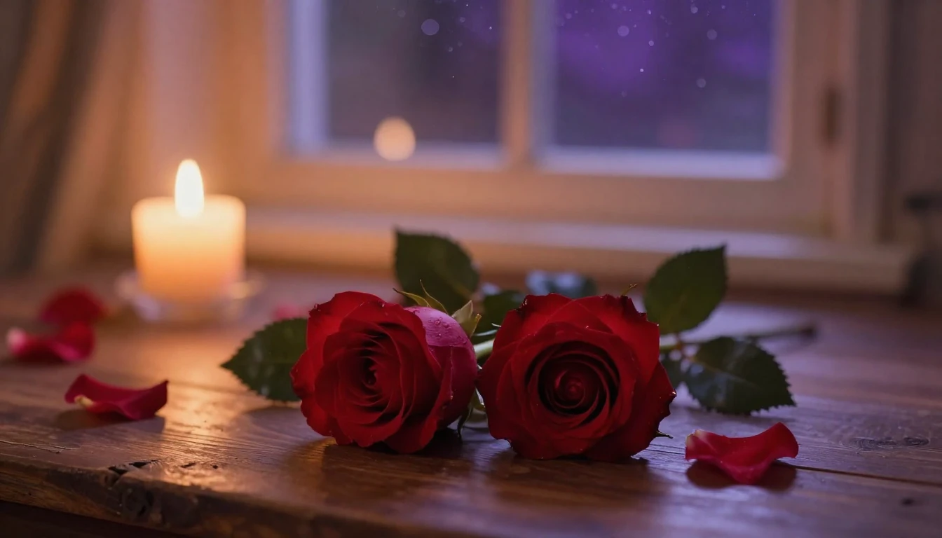 A dreamy and ethereal scene featuring two delicate red roses...