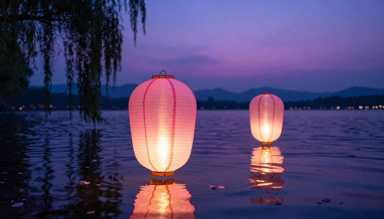 A beautiful and romantic scene featuring two glowing paper l...