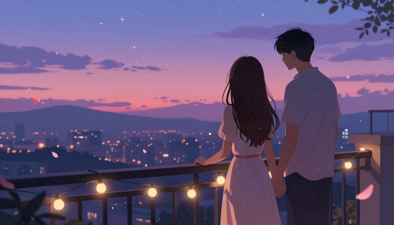 A romantic illustration of a couple holding hands on a balco...