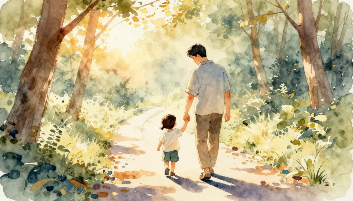 A heartwarming watercolor painting showing a father and a sm...
