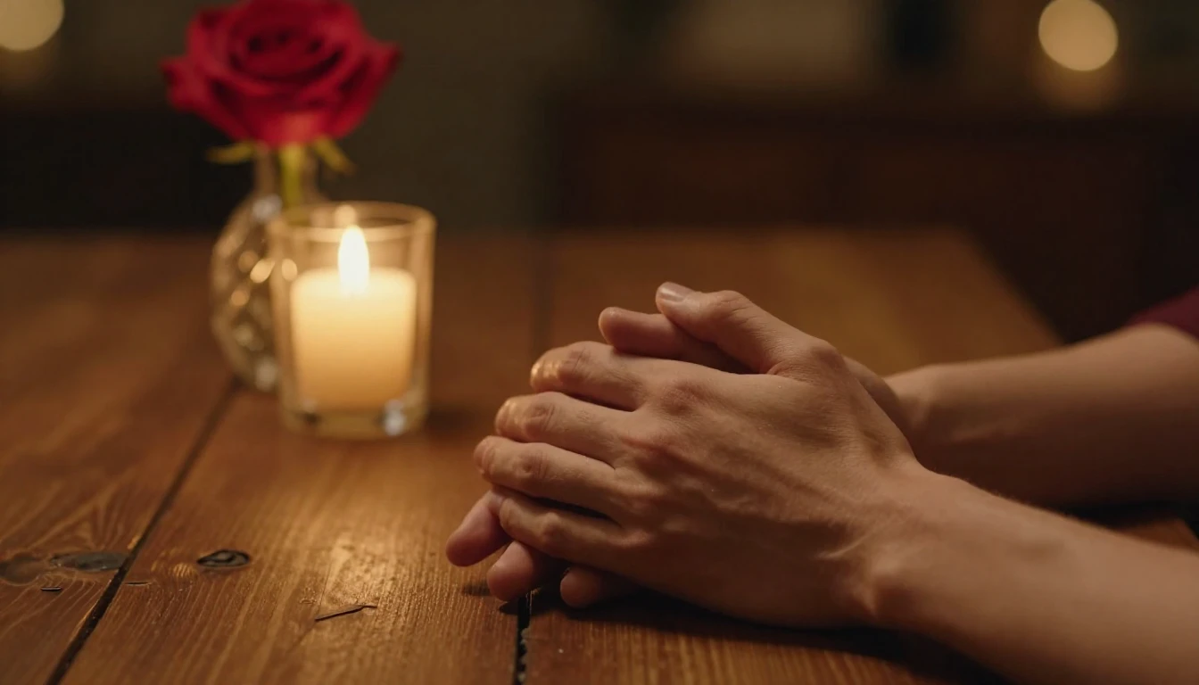 A cinematic close-up shot of two hands holding each other ge...