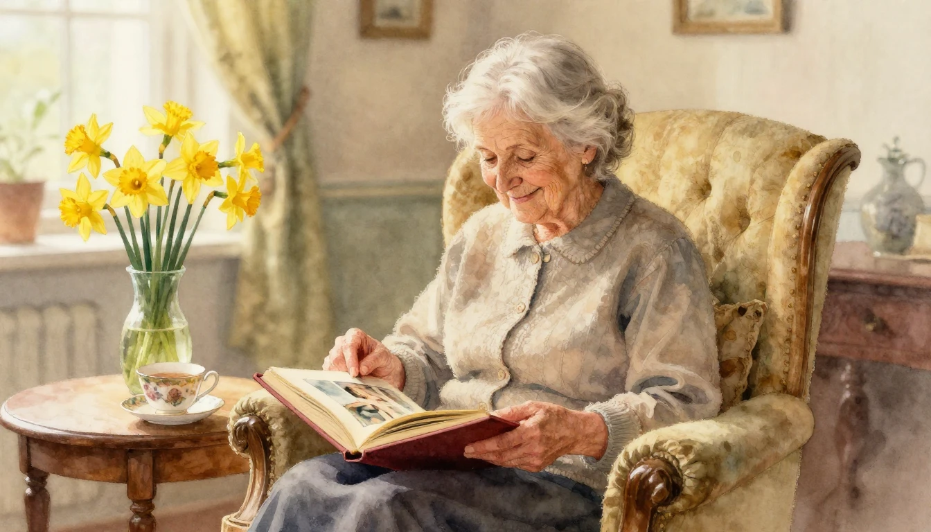 A gentle, heartwarming watercolor painting of an elderly wom...