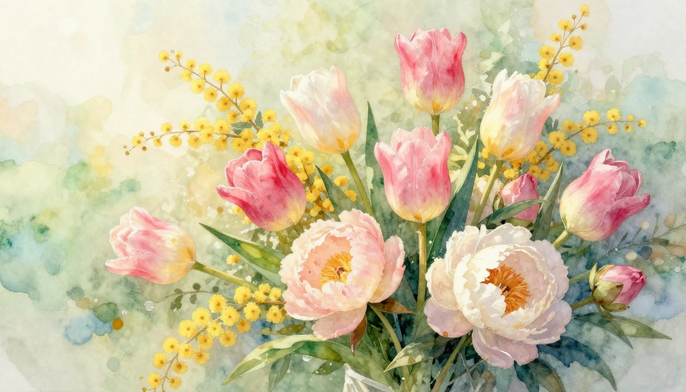 A vibrant and delicate watercolor painting of a lush spring ...