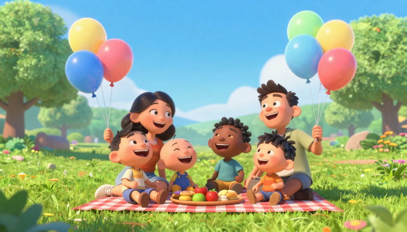 A joyful 3D animated style scene of a happy diverse family c...
