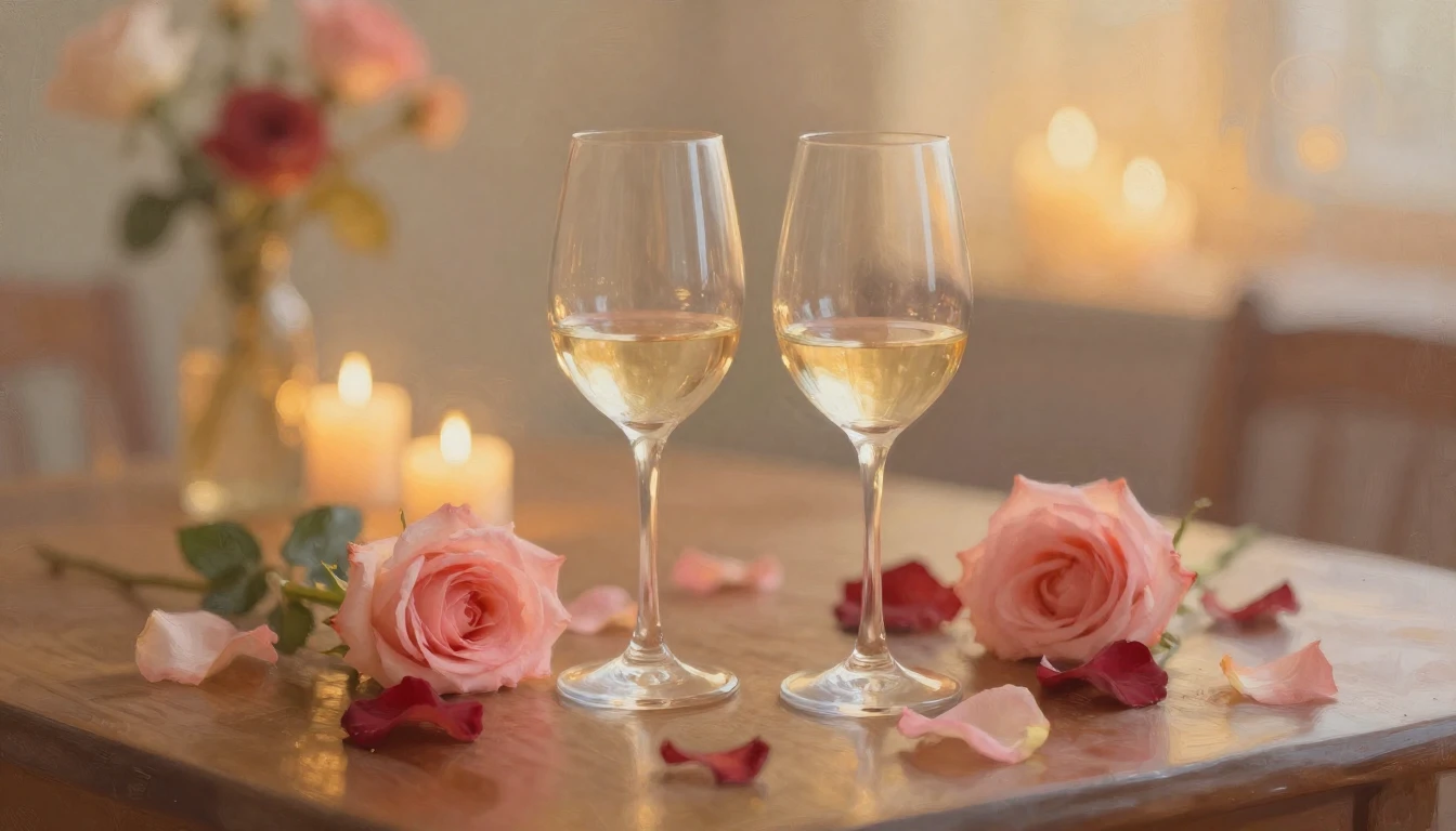 A delicate painting of two elegant wine glasses sitting on a...