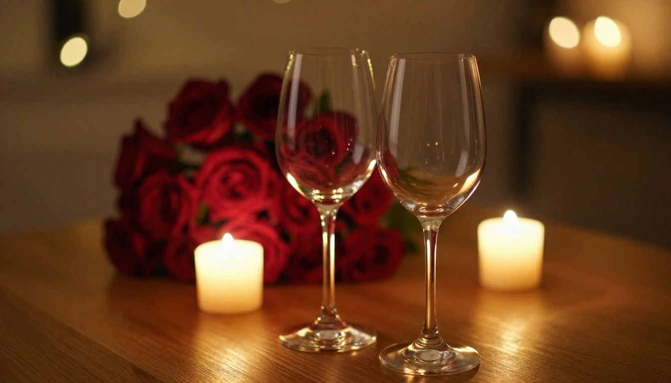 A close-up shot of two elegant wine glasses on a wooden tabl...