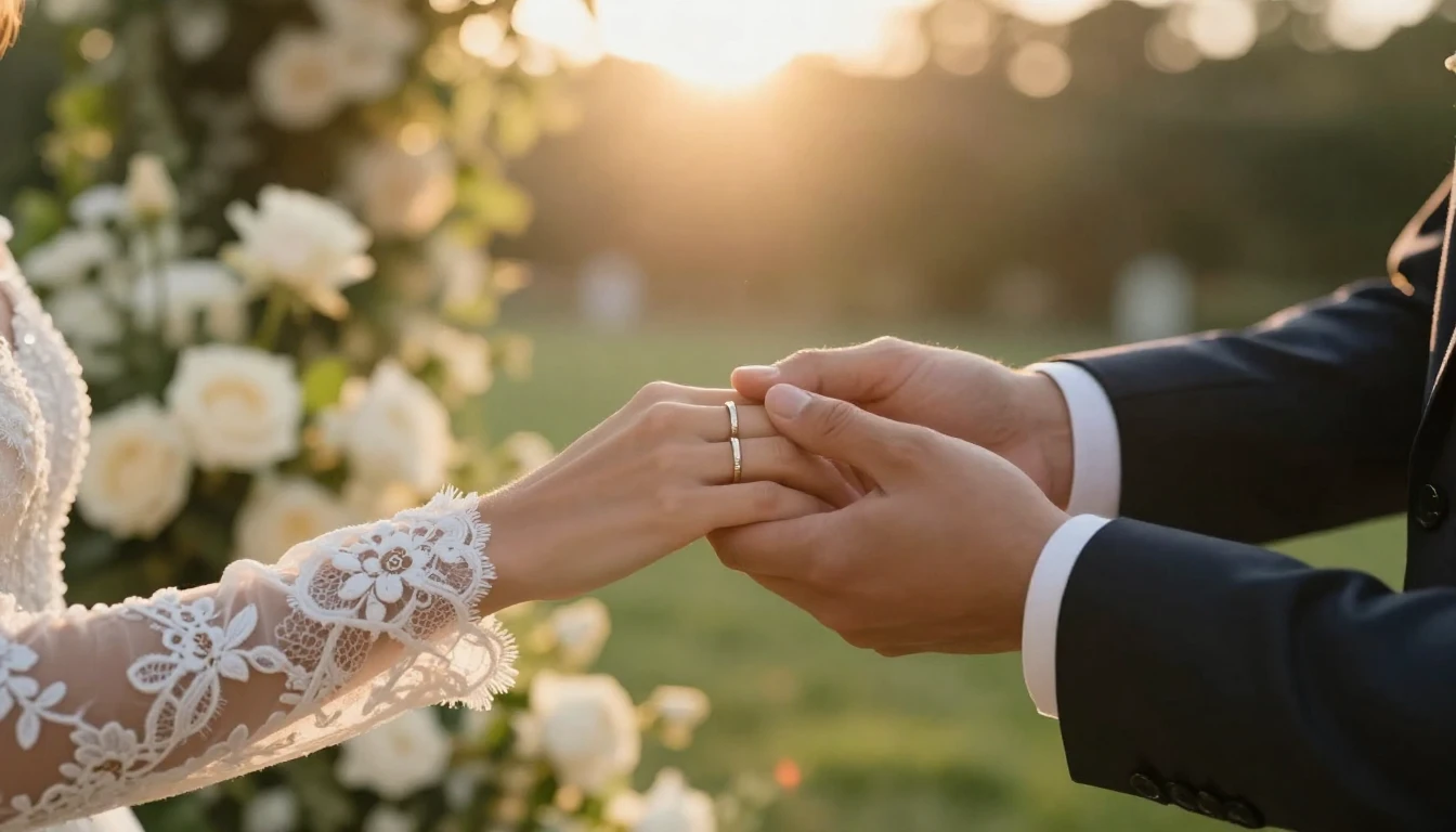 A cinematic close-up shot representing a wedding celebration...