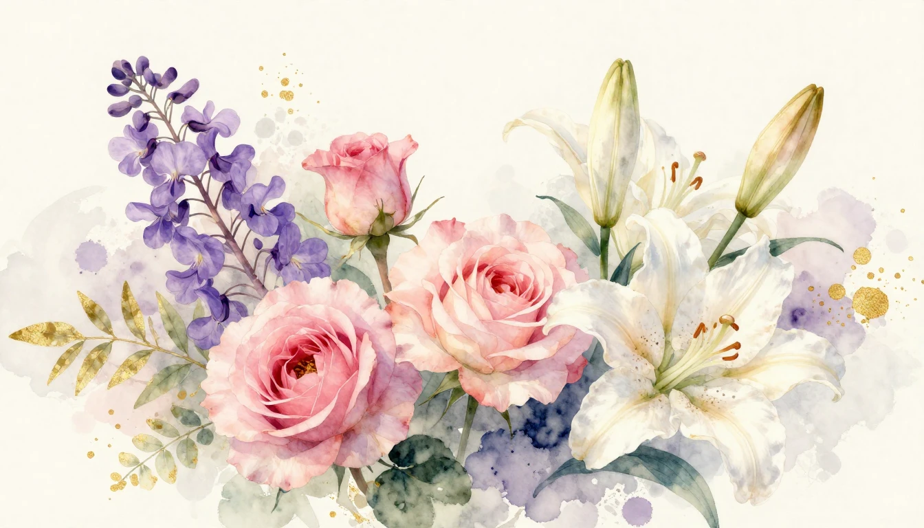 A beautiful and delicate watercolor painting of various bloo...