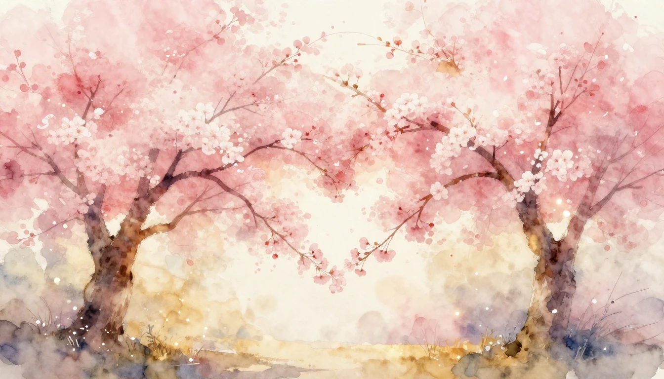 A dreamlike watercolor painting of two delicate cherry bloss...