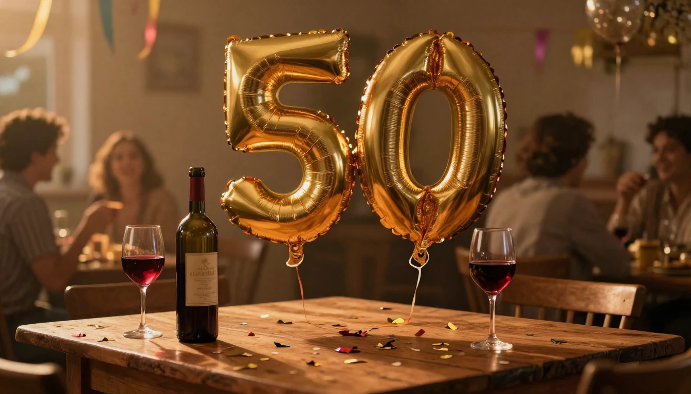 A festive and warm celebration of a 50th birthday. In the ce...