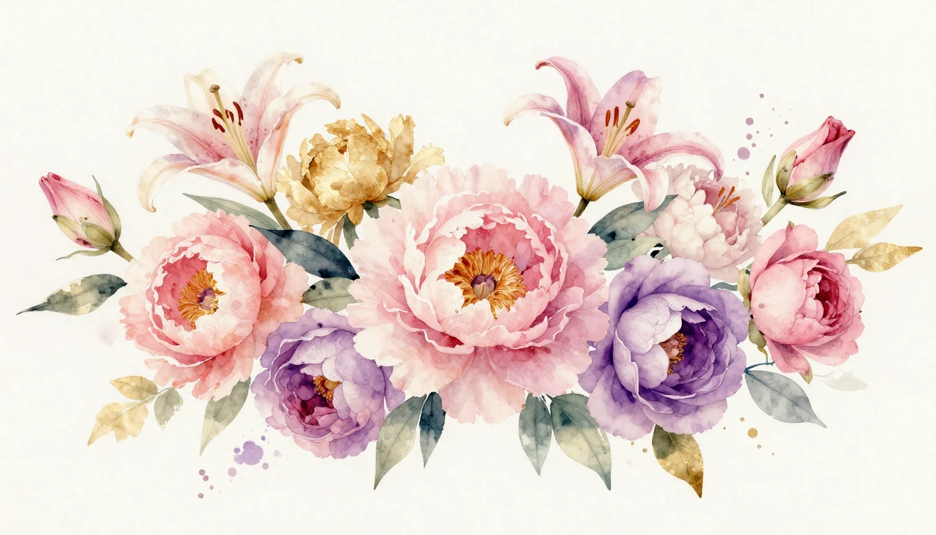 A beautiful and vibrant watercolor painting of various bloom...
