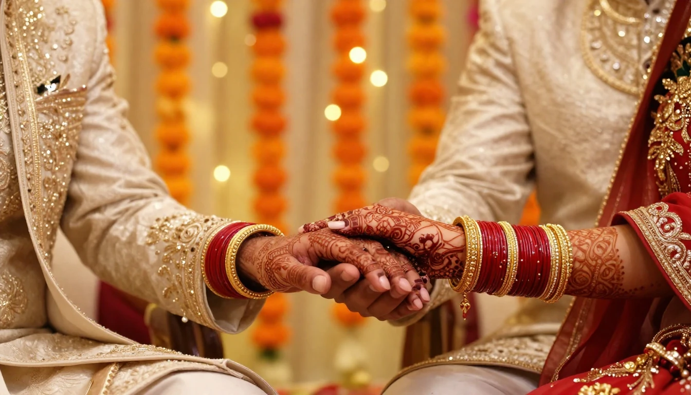 Close-up digital art of an Indian bride and groom holding ha...