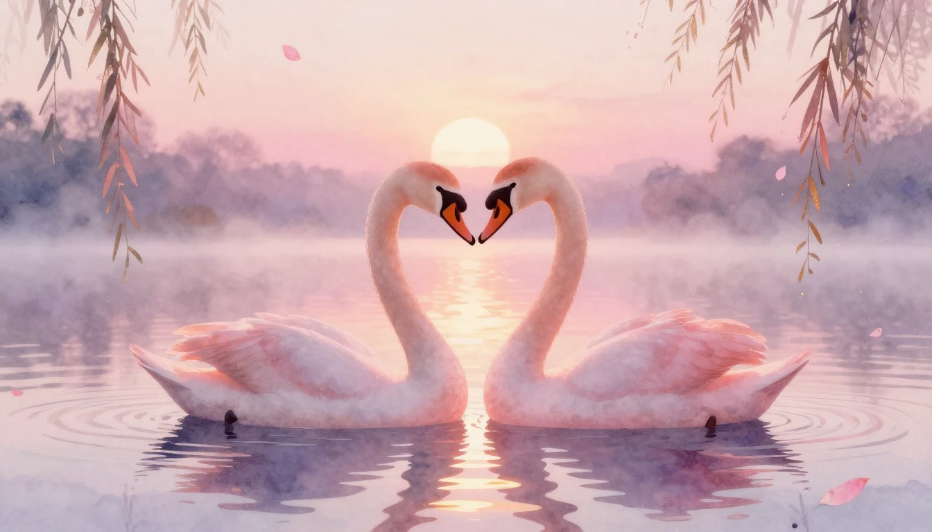 A soft and ethereal watercolor painting depicting two styliz...