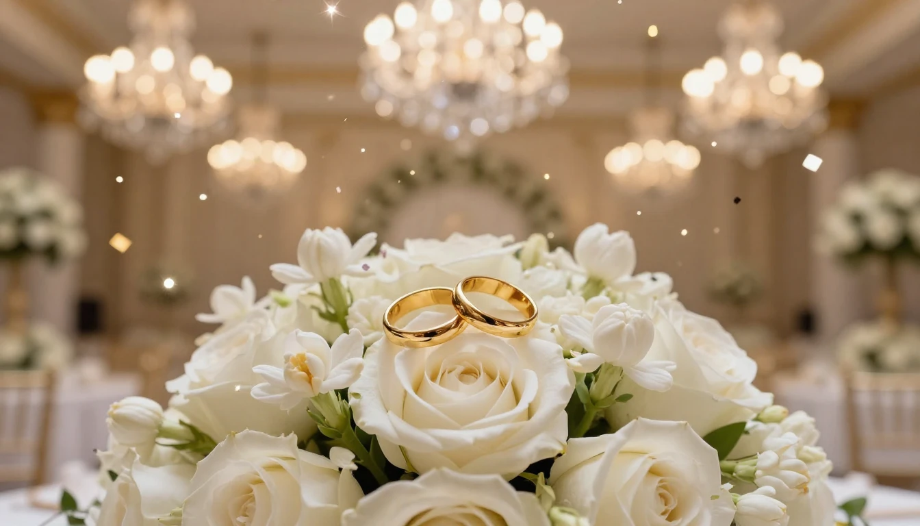 A cinematic close-up shot of a luxurious wedding celebration...