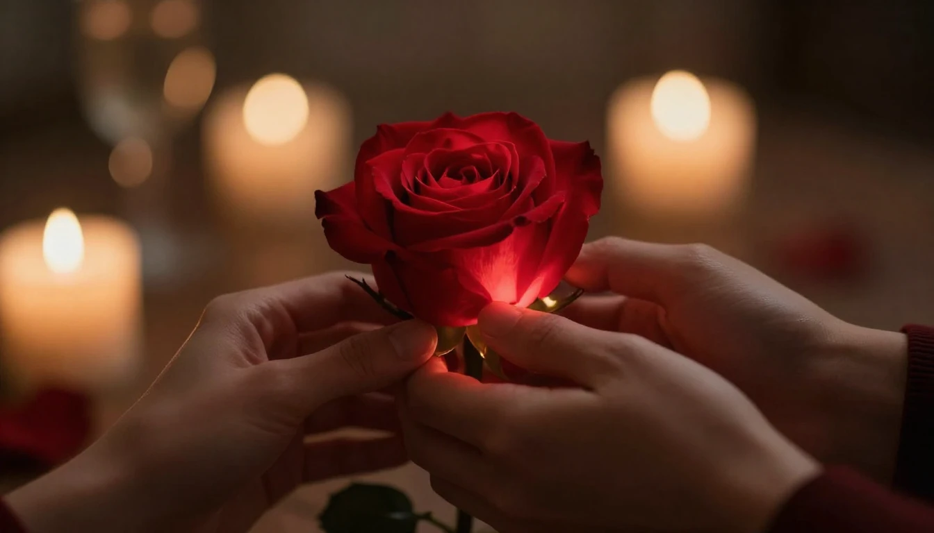 A cinematic and romantic close-up shot of two hands gently h...