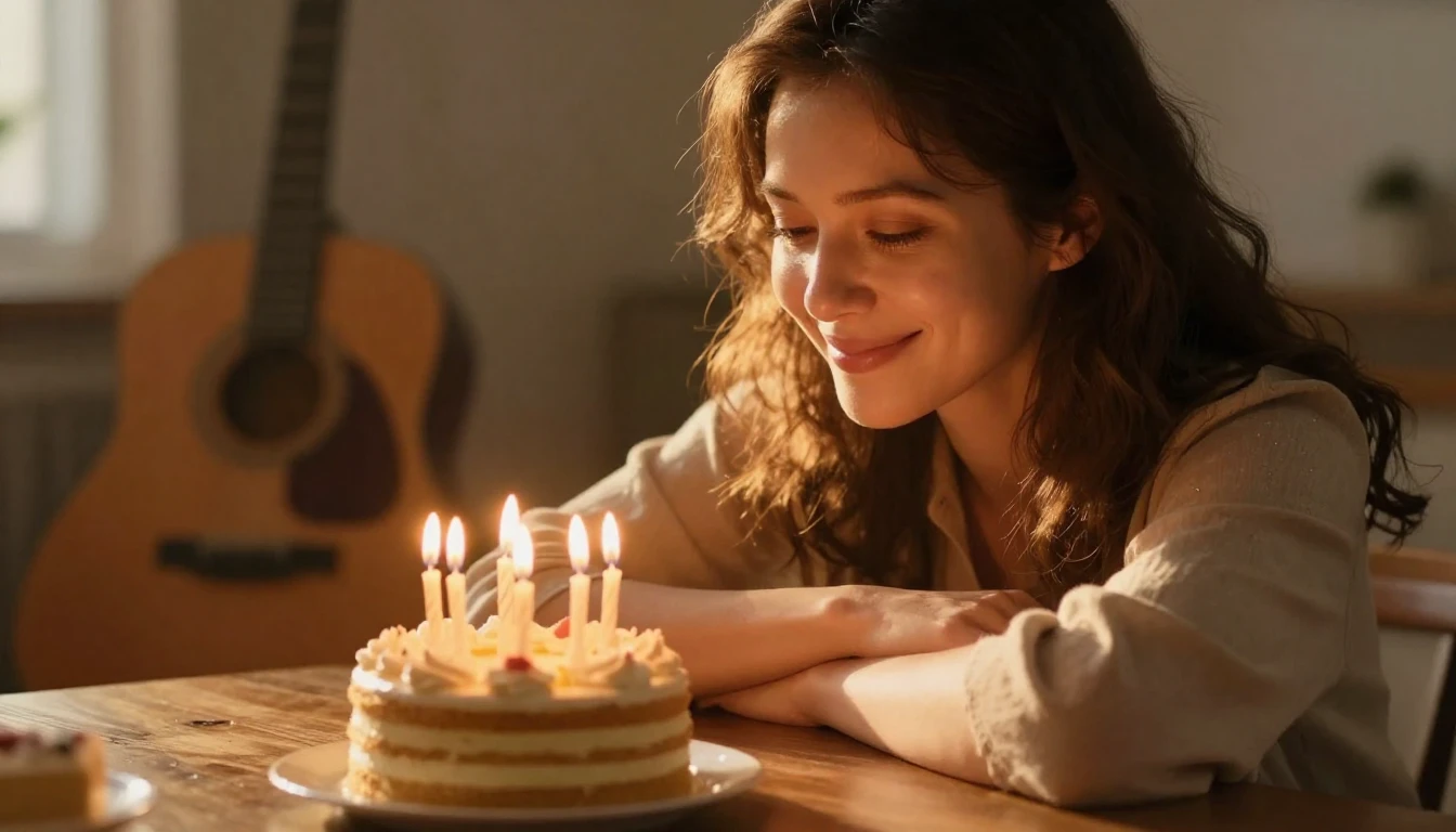 A warm, heartwarming scene of a loving mother smiling gently...