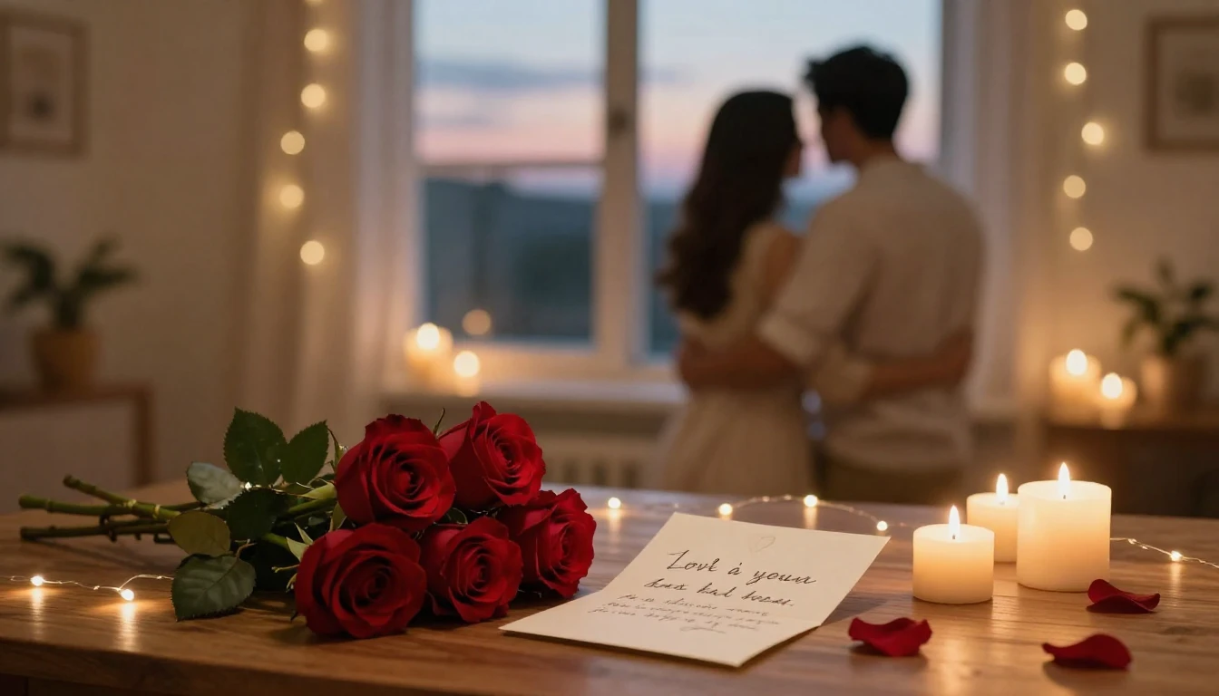 A warm and intimate romantic scene featuring a cozy room ill...