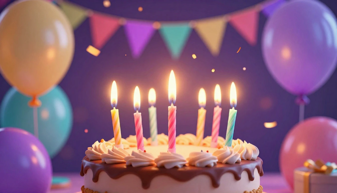 A vibrant and festive birthday party atmosphere, close-up of...