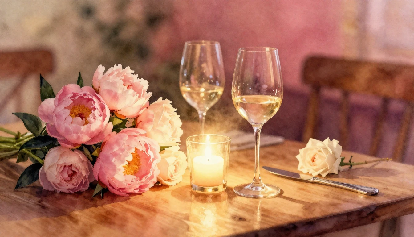 A beautiful watercolor painting of a cozy, romantic dinner s...