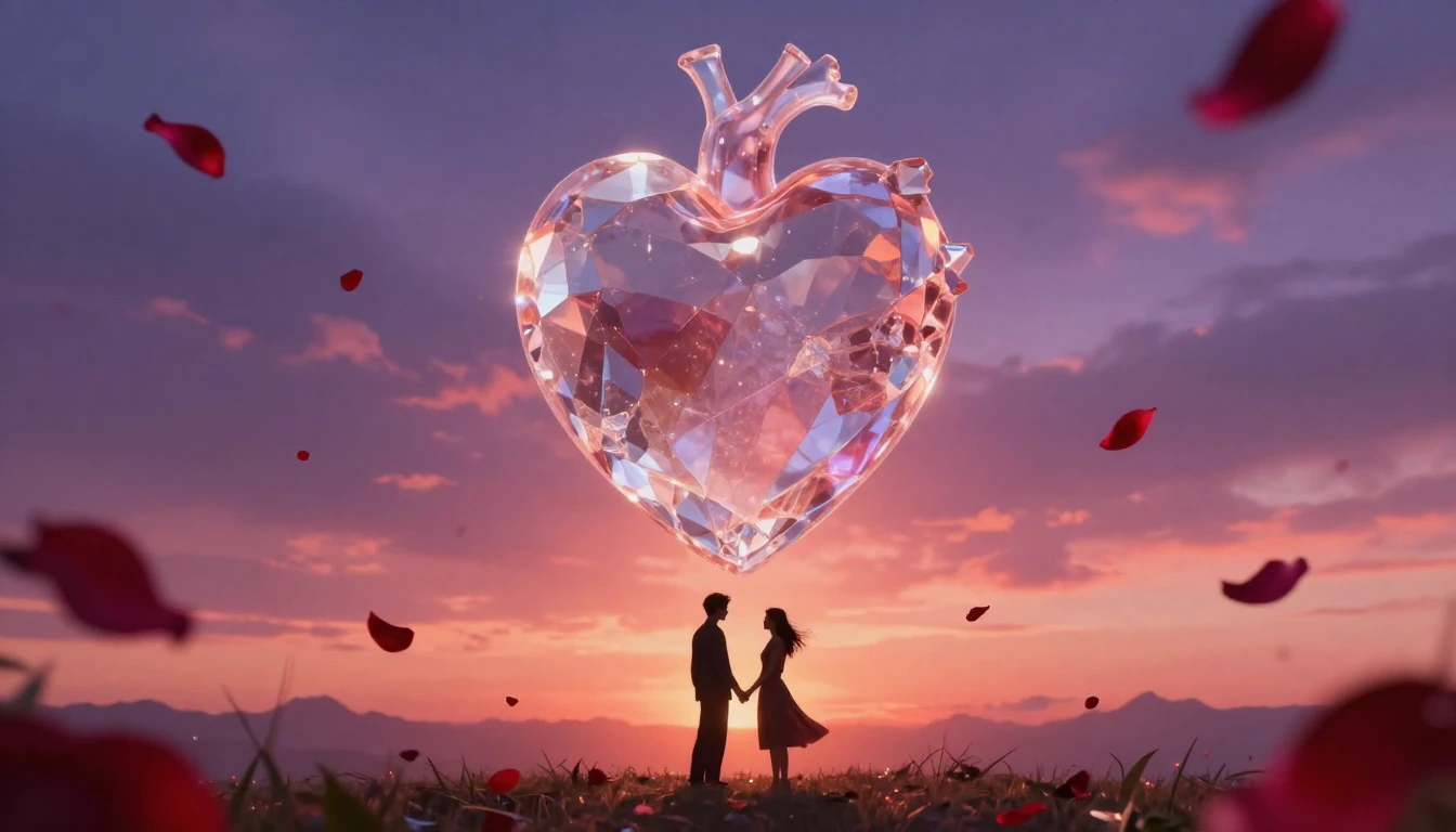 A cinematic shot of a glowing, translucent crystal heart sus...