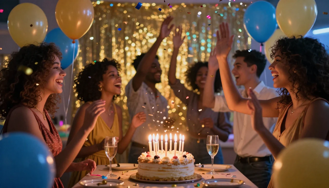 A vibrant and colorful birthday celebration scene focusing o...