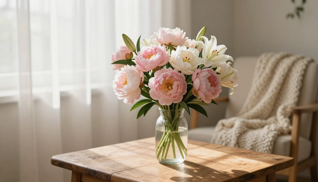 A serene and sun-drenched living room scene. A beautiful bou...