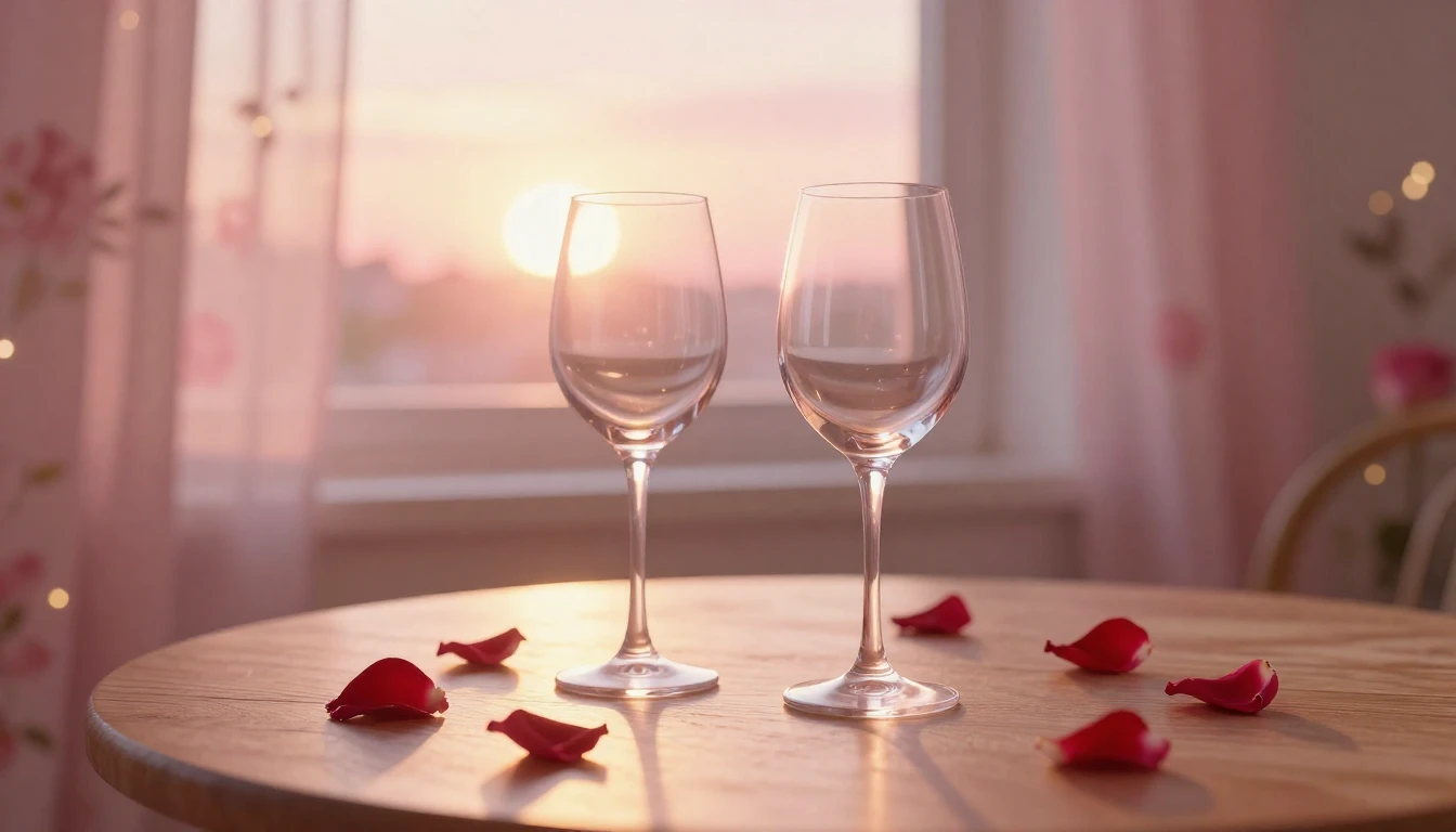 A soft and dreamy scene featuring two elegant wine glasses o...
