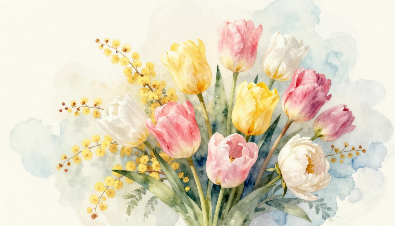 A delicate watercolor painting of a lush bouquet featuring t...