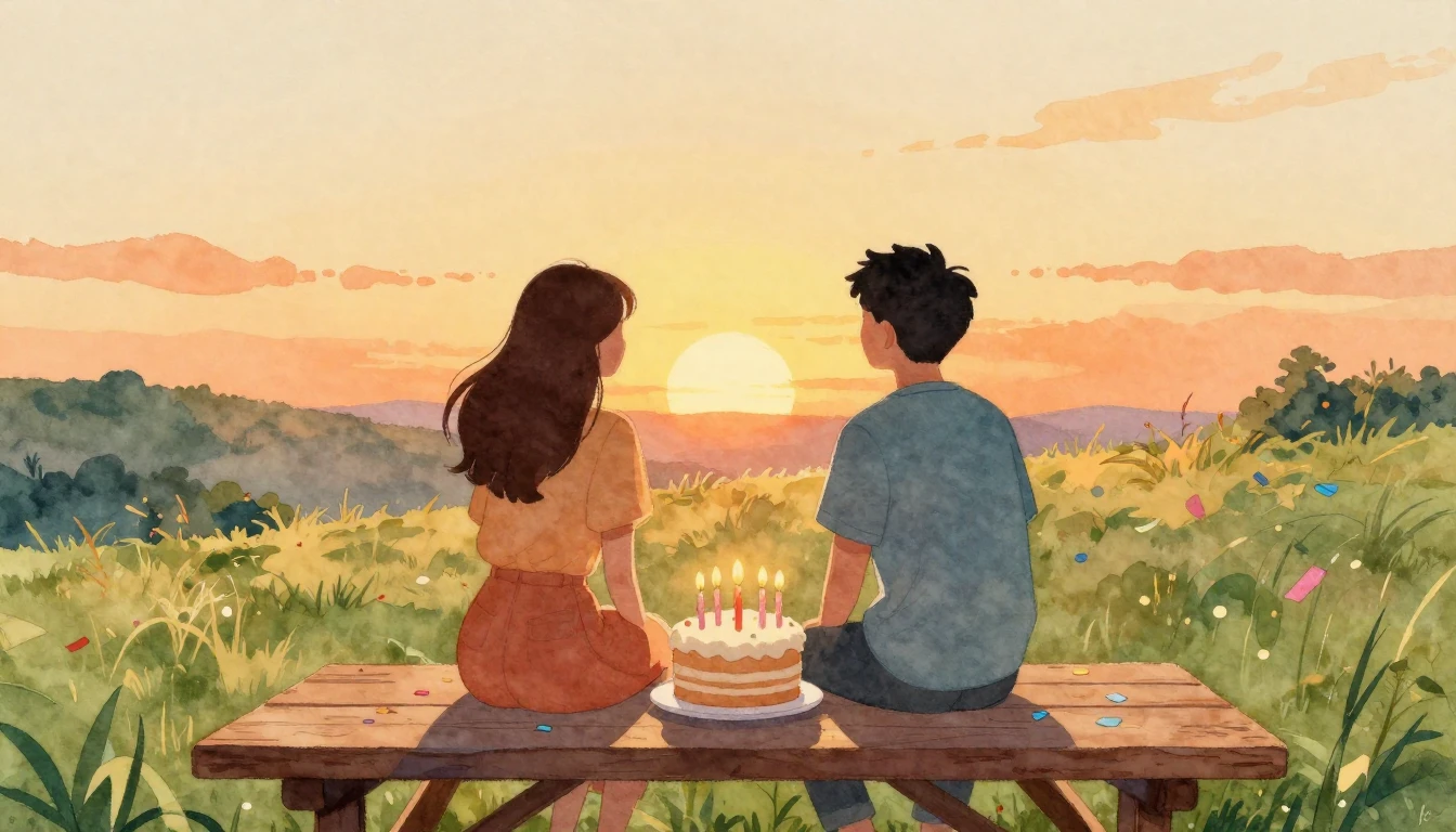 A warm and nostalgic watercolor painting featuring two silho...