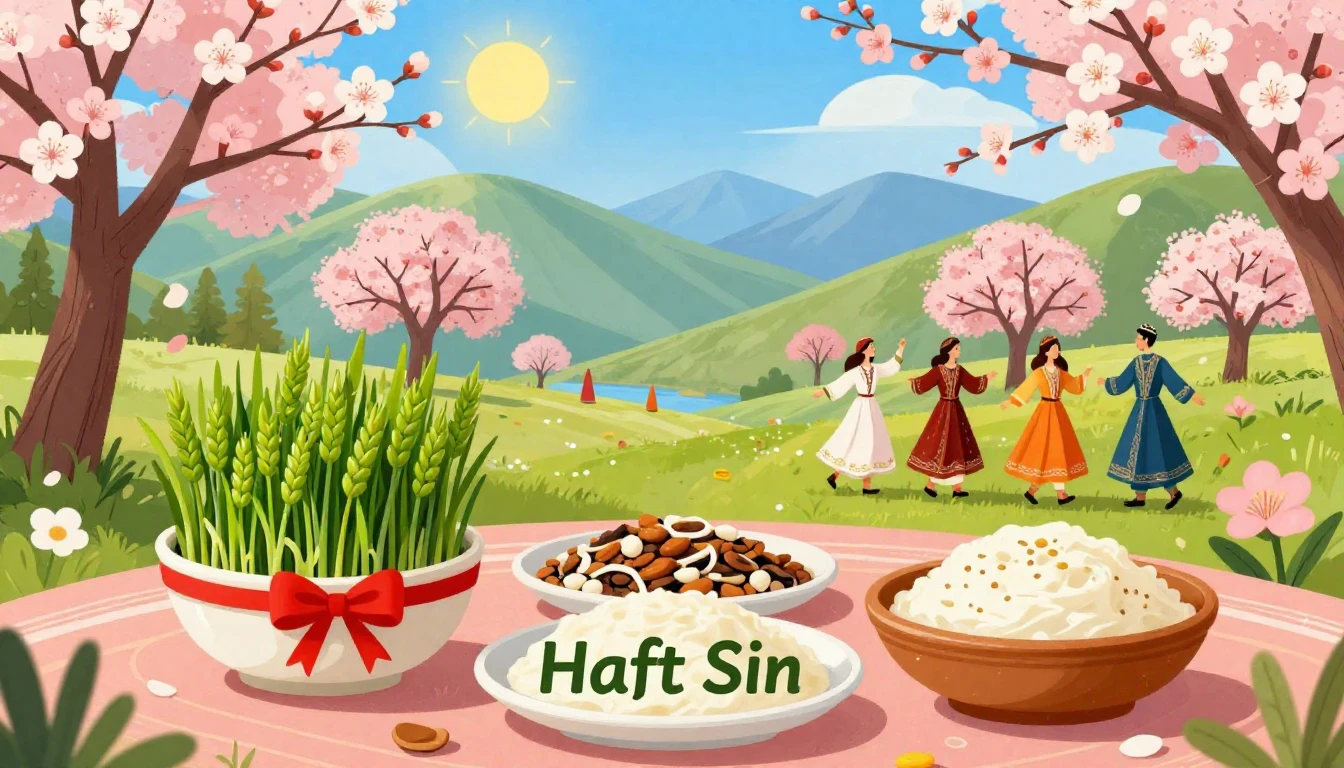 A vibrant and colorful illustration representing the Navruz ...