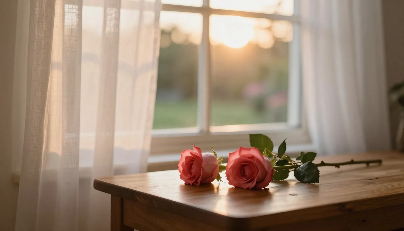 A soft and ethereal scene featuring two delicate red roses r...