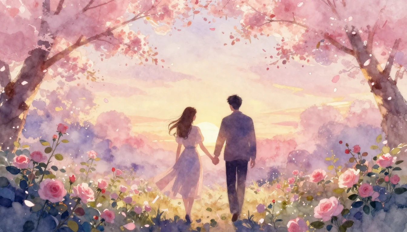 A dreamy watercolor painting of two silhouettes walking hand...