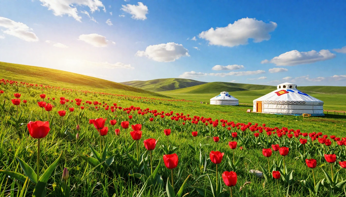 A vibrant landscape of the Kazakh steppe during spring. Lush...