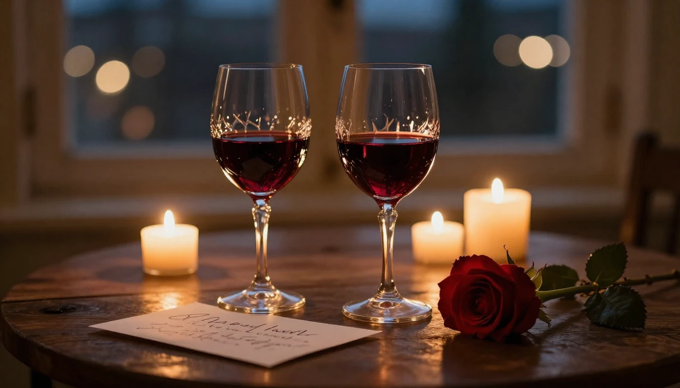 A close-up, intimate composition of a romantic evening setti...