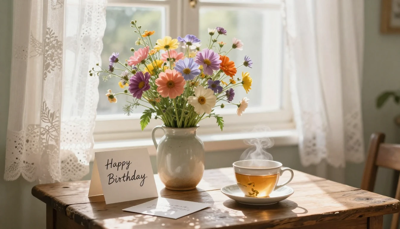A beautiful, cozy still life composition featuring a bouquet...