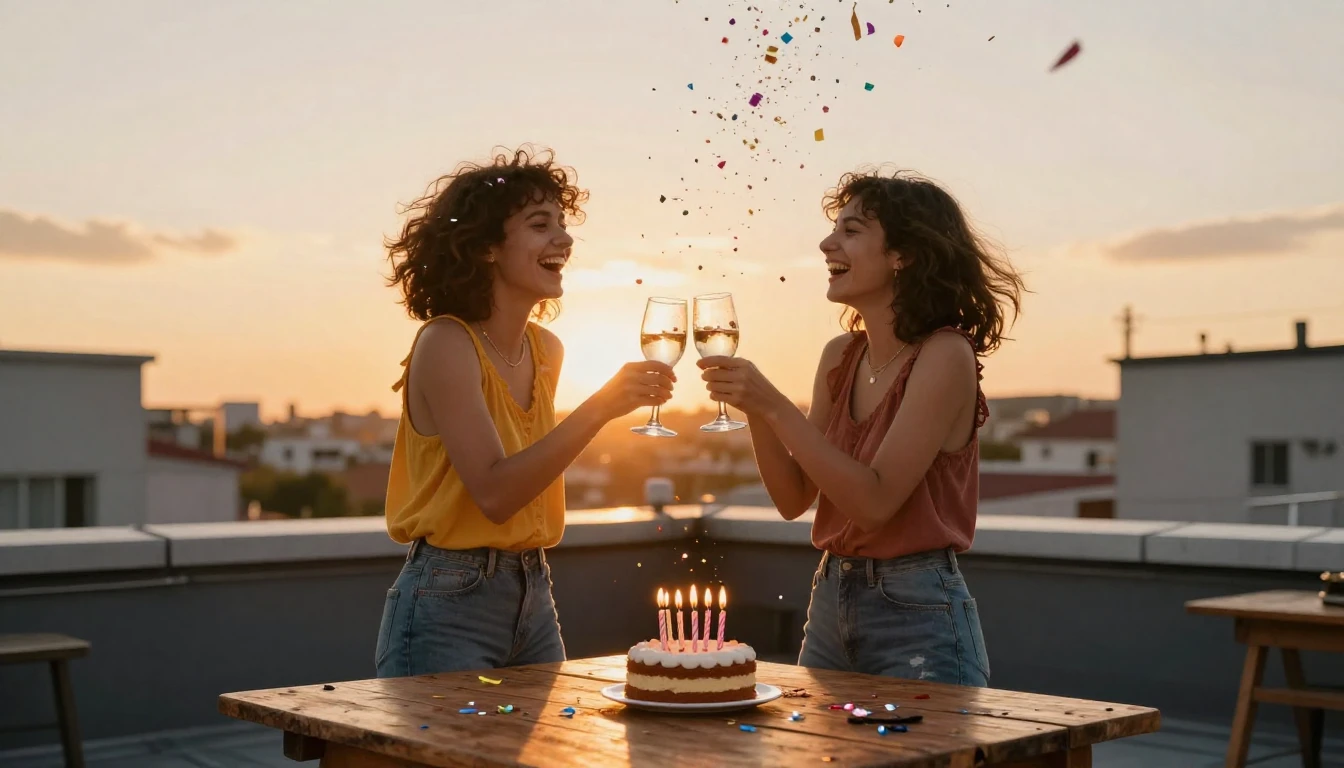 Two best friends standing together on a lively rooftop at su...