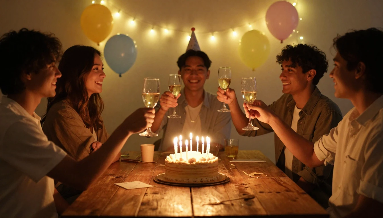 A warm and cozy birthday celebration scene. A beautifully de...