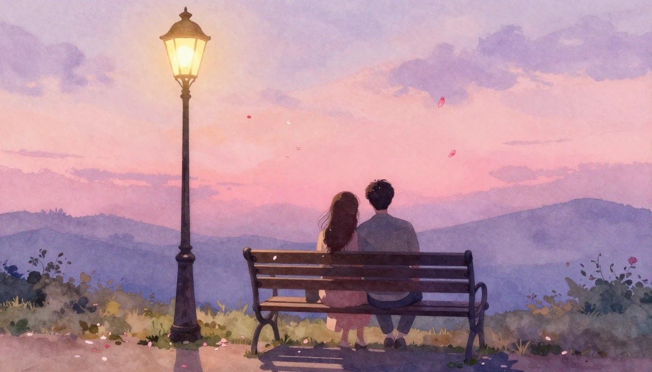 A romantic scene in a soft watercolor style. A couple sittin...