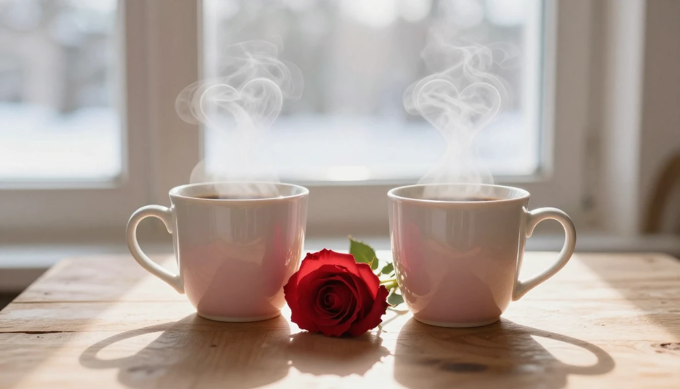 A soft and romantic composition depicting a cozy wooden tabl...