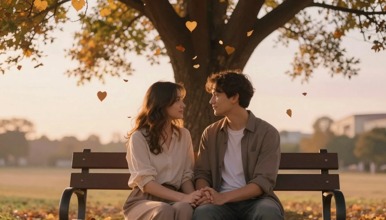 A romantic scene of a couple sitting close together on a woo...