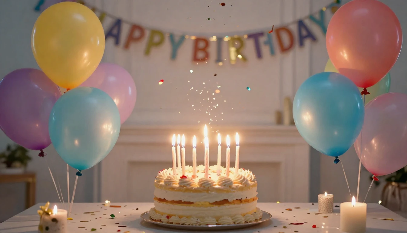 A festive birthday celebration scene, colorful balloons floa...