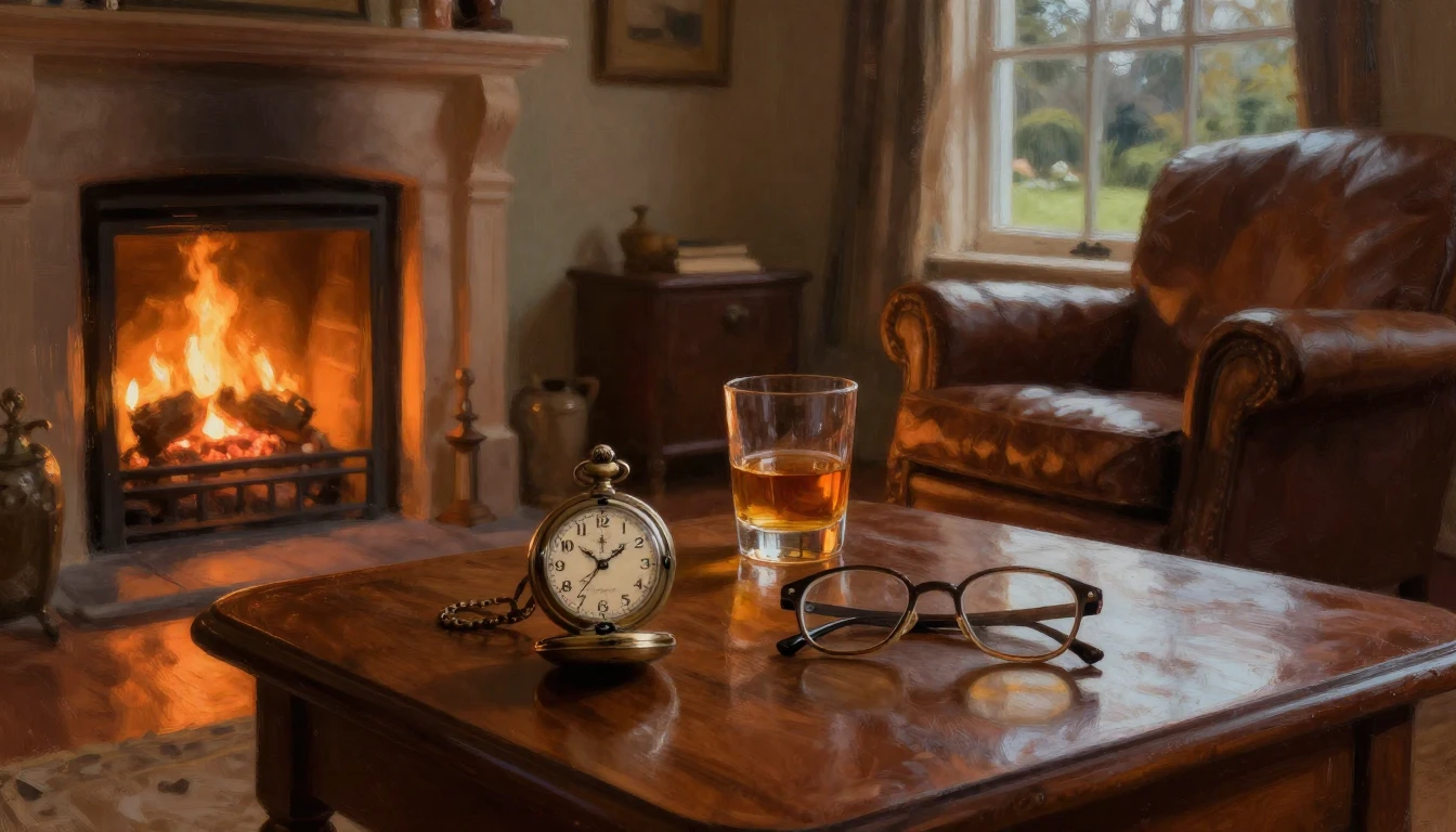 A cozy living room scene at dusk, illuminated by the warm gl...