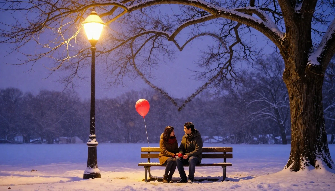 A soft and romantic scene of a couple sitting on a wooden be...