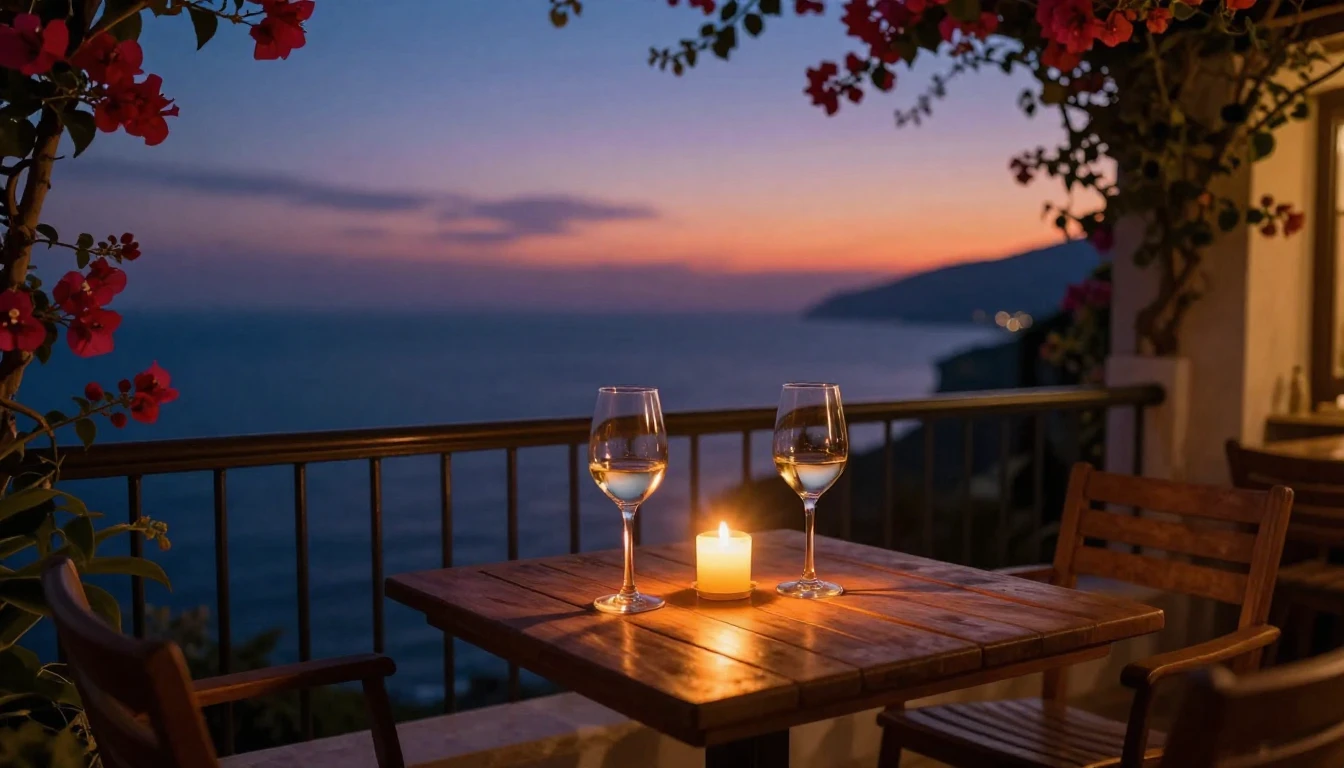 A cozy, dimly lit balcony overlooking a Mediterranean coastl...