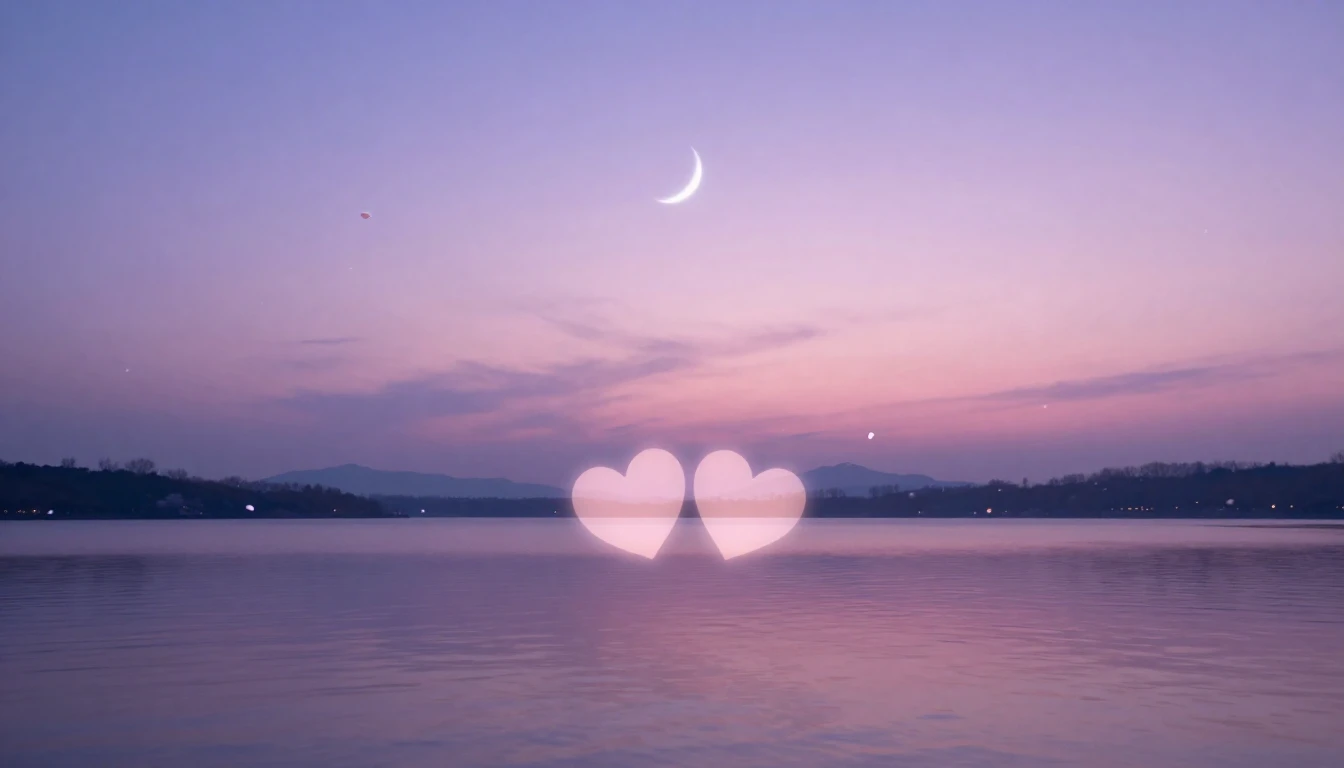 A serene and romantic scene featuring two glowing silhouette...