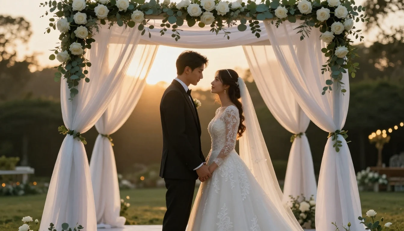 A cinematic, romantic wide shot of a bride and groom standin...