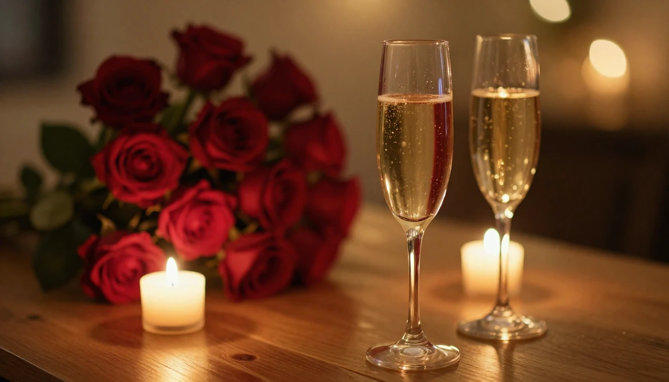 A serene and romantic scene featuring two elegant glasses of...