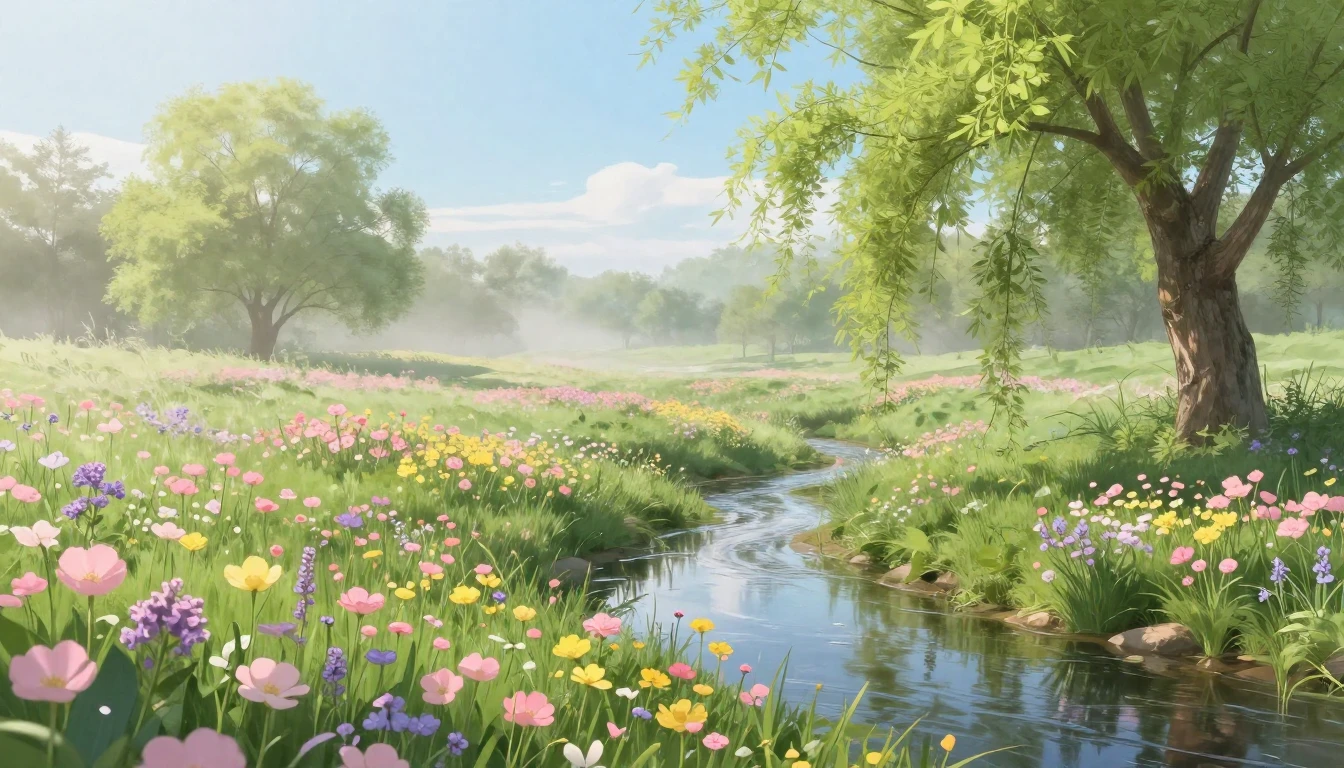 A breathtaking landscape of a lush spring meadow filled with...