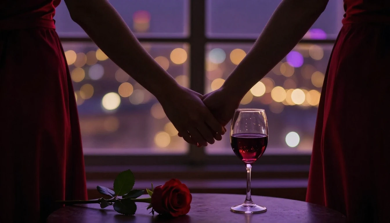 A romantic and intimate scene featuring two silhouettes hold...