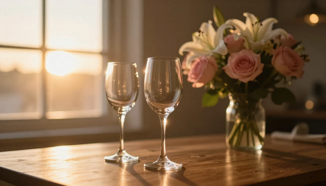 A beautiful, soft-focus scene of two elegant glasses sitting...